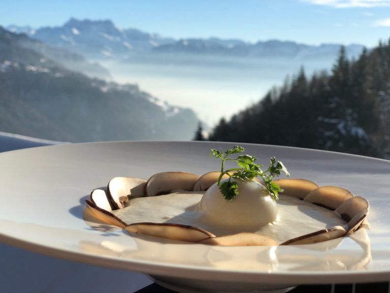 exterior photo of an egg dish with the Swiss Alpes in the background